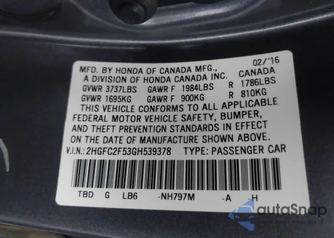 2016 Honda Civic Lx z USA, uszkodzony, nr VIN 2HGFC2F53GH539378